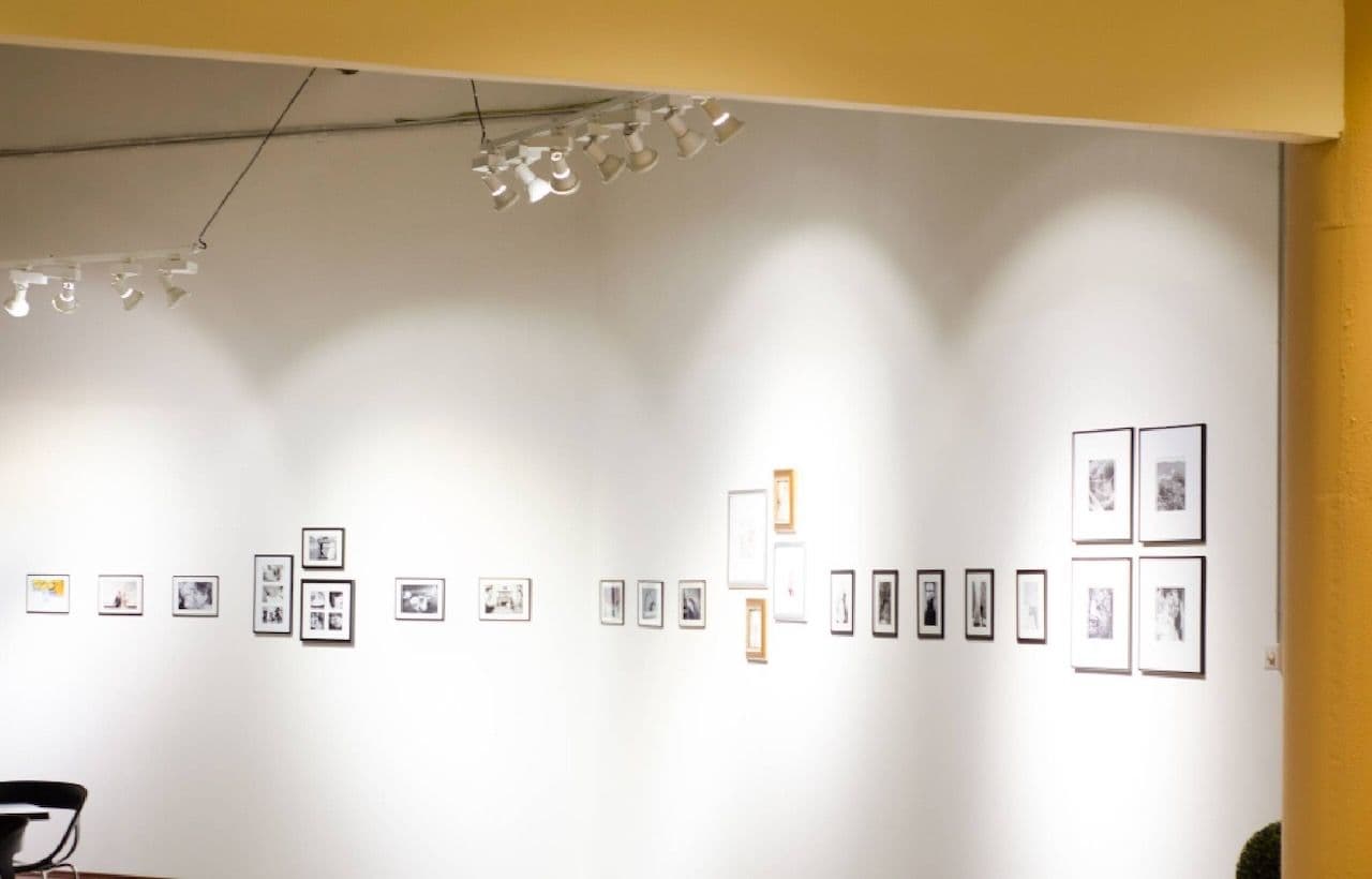 Framed photographs hanging at the exhibition