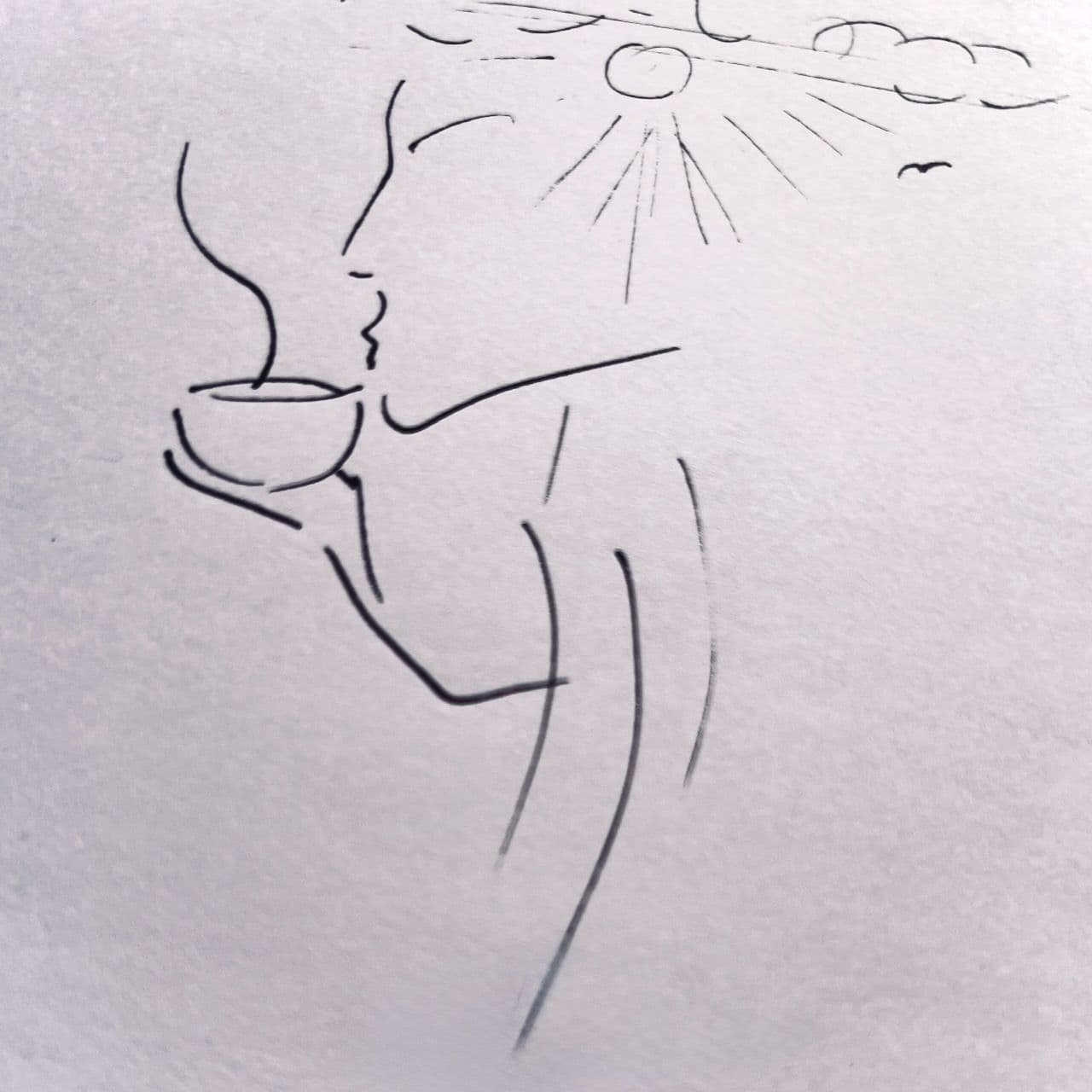 Line drawing of a figure drinking tea under the sun