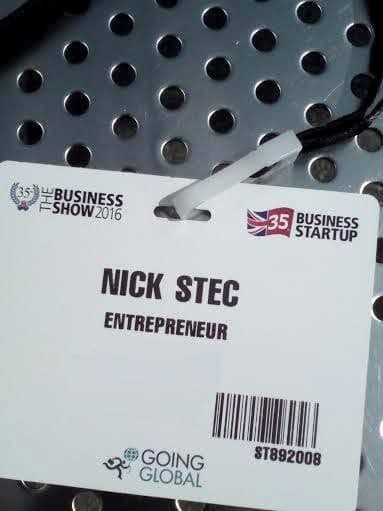 Business Show London 2016 badge reading Nick Stec, Entrepreneur