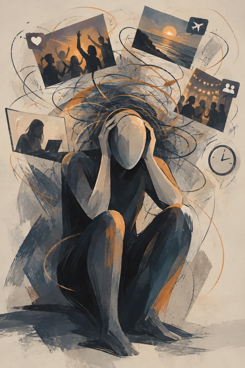 A figure crouched with head in hands, surrounded by other people's photos and a clock